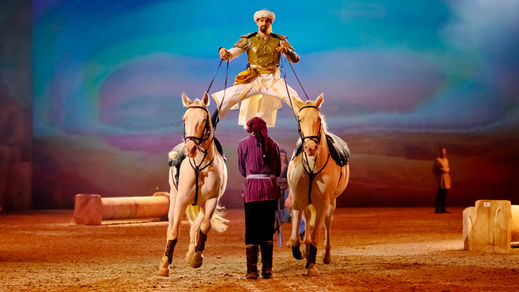 Stehend auf dem Pferd - die Ungarische Post | Diego Giona als "Offizier der königlichen Hofreiter" | Showszene aus CAVALLUNA - Legende der Wüste