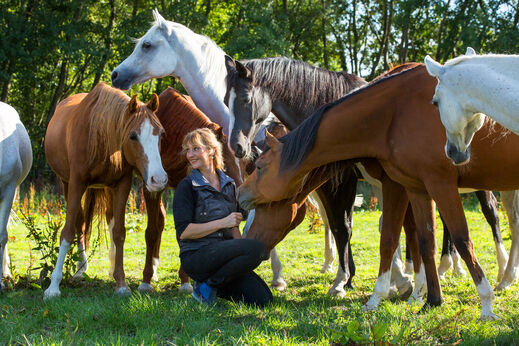 Vrouw met paarden in de buitenlucht