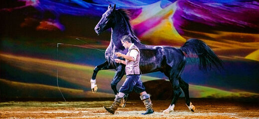 CAVALLUNA vrije dressuur Bartolo Bartolo met zwart paard op het toneel